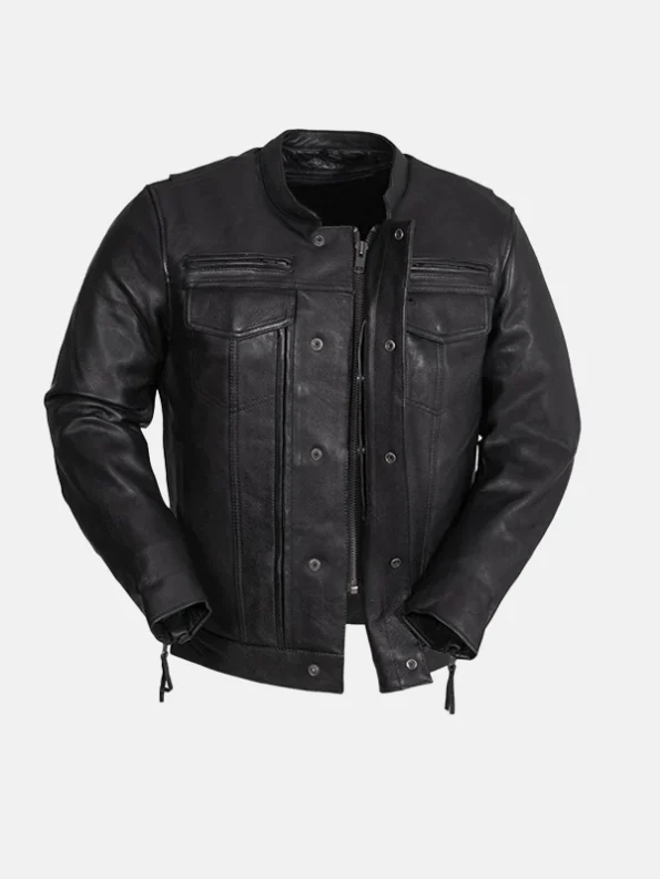 Utility Style Black Leather Biker Jacket Men's