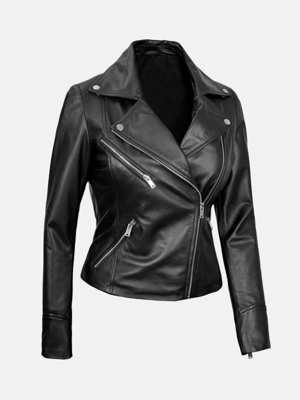 Asymmetrical Style Collar Black Leather Biker Jacket Women's