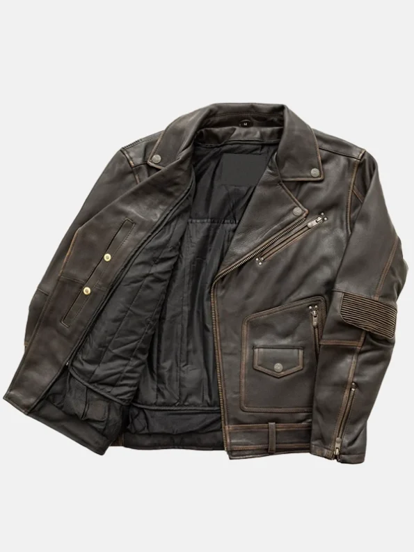 Men's Brown Asymmetrical Leather Biker Jacket