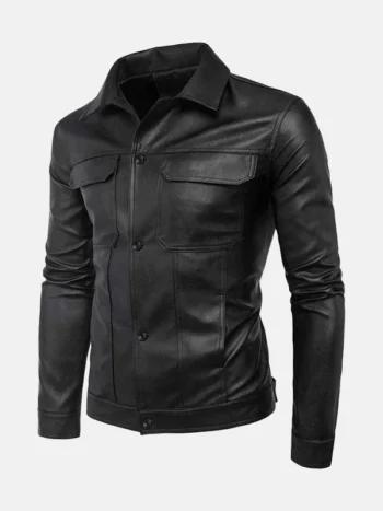 Men's Turn Down Collar Leather Jacket Front