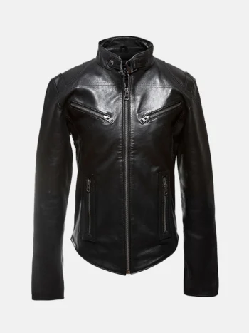 Women's Belted Collar Black Leather Jacket Front