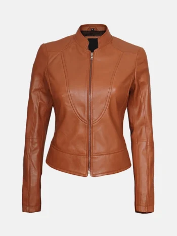 Women's Biker Style Brown Leather Jacket Front