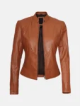 Women’s Biker Style Brown Leather Jacket Front