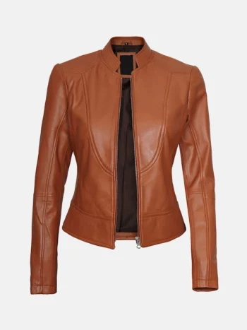 Women's Biker Style Brown Leather Jacket Front Open