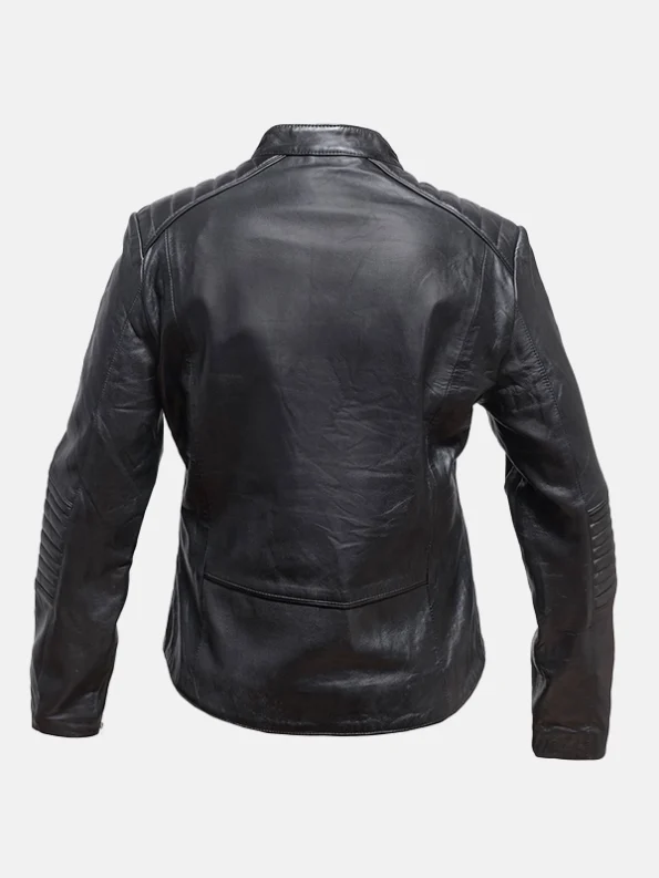 Women's Snap Tab Collar Black Leather Jacket Back